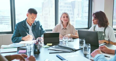 Business, team and woman in meeting, brainstorming and conversation in office. Staff, female leader and teamwork for brand development, digital marketing and collaboration for advertising campaign.