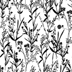 Wall Mural - Silhouettes herbarium monochrome floral seamless pattern. Hand drawn unique wild branches, leaves, flowers scattered random. Botanical vector wallpaper illustration on white