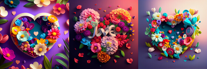 Canvas Print - Heart of love made from 3d colorful flowers. Abstract composition on black background. Valentine's day illustration.