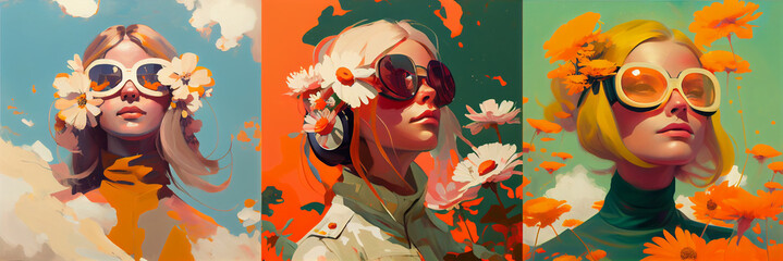 Illustration of a girls in sunglasses,background with flowers, colorful bloom, collection