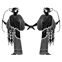 Wall Mural - Symmetrical ethnic design with ancient Greek goddess Artemis holding bow. Vase painting style. Black and white negative silhouette. Isolated vector illustration.