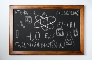 Wall Mural - Blackboard with different chemical formulas written with chalk on white wall