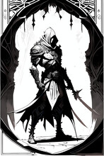 A Fantasy Board Game Card/colouring Book Page: Assasin. A Hooded Silent Killer Man With A Deadly Knife. AI-generated