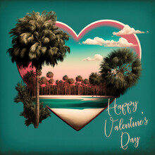 Tropical Beach Heart Valentine Card, Generative Ai