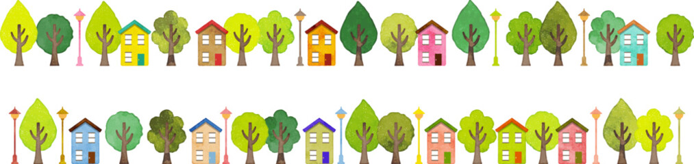 Trees and cottages doodle decoration, hand drawn watercolor illustration (vector)