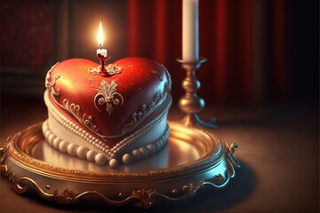 Wall Mural -  a heart shaped cake with a candle on top of it on a tray with a candle holder on the side of it and a red curtain behind it, with a gold trim and a gold frame. Generative AI