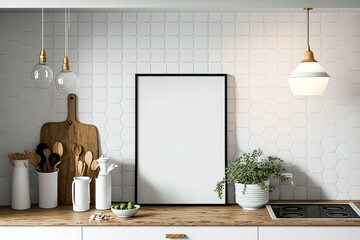 Wall Mural - mock up poster frame in a Scandinavian style kitchen. ,. Generative AI