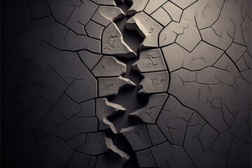 Poster -  a cracked wall with a crack in it's center and a crack in the middle of it's wall, with a black background of a cracked concrete with a white crack and a. Generative AI