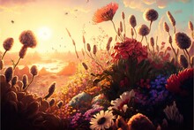  A Painting Of A Sunset Over A Field Of Flowers And Plants With A Bird Flying Over The Horizon In The Distance, With A Body Of Water In The Background, And A Bird,.