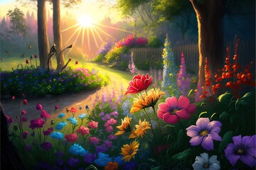  a painting of a garden with flowers and a path leading to a forest with a sun shining through the trees and flowers in the foreground, and a person on the right side of the. Generative AI