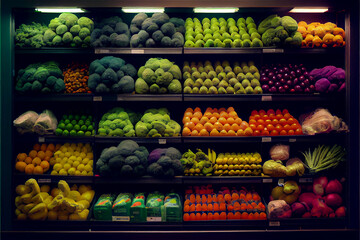 Wall Mural - Fresh and colorful Fruit and vegetable section of the supermarket, generative AI