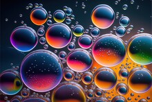  A Close Up Of A Bunch Of Bubbles On A Black Background With A Blue Sky In The Background And A Few Oranges And Greens In The Bottom Right Corner Of The Bubbles, And Bottom.