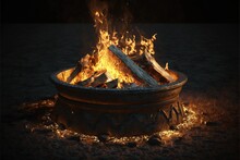  A Fire Pit With Flames Burning In It On A Dark Surface With A Black Background And A Black Background With A White Border Around The Fire Pit And A Few Pieces Of Wood On The.