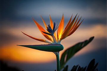 Sticker -  a bird of paradise flower with a sunset in the background with clouds in the sky behind it and a blue sky with clouds in the background with a few clouds and a few light at. Generative AI