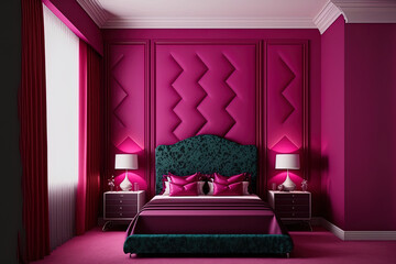 Sticker - The popular hue of 2023 in the luxurious, wealthy bedroom is viva magenta. Mockup wall with red, burgundy, and crimson colored furniture. contemporary interior room design. emphasize modern style