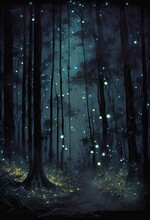 Darkness In The Forest Trees, Marsh Bellow Illuminated By Glow Bugs Fireflies, Moonlit Night, Generative Ai