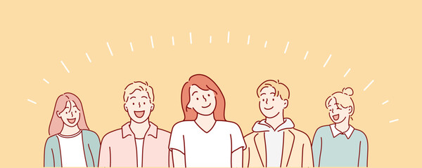 Happy positive people, group. Hand-drawn style vector design illustrations.