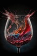  a glass of wine with a splash of water on it's side and a black background with a black background and a red and blue swirl in the middle of the glass with water. Generative AI