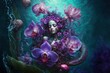  a painting of a woman with flowers in her hair and a snake in her hand, in the water with bubbles and rocks around her head, and a blue background with bubbles and bubbles. Generative AI