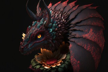  a dragon statue with a flower in its mouth and a black background with a red and yellow flower in the foreground and a black background with a black backg Generative AI