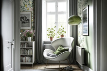 A Chic Interior With A Nice, Light Filled Room To Read Books Or Browse Interior Design Publications. Armchair Design And Wallpaper With A Floral Motif. Generative AI