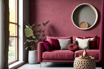 2023 viva magenta trend living room color. A vibrant couch accent. Background of plaster microcement wall. Burgundy and crimson colors are used in the room's decor. Textured stucco in beige taupe