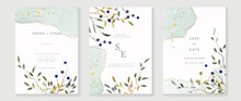 Luxury Wedding Invitation Card Background With Golden Texture Line Art Template. Watercolor Flower And Botanical Leaf Branch Background. Design Illustration For Wedding And Vip Cover Template, Banner.