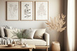 Leinwandbild Motiv Interior of a beige living room decorated in a Scandinavian farmhouse style with natural wood furnishings. Wall background mockup. illustration. Generative AI