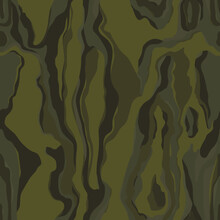Abstract Jungle Camouflage Seamless Dark Khaki Green Pattern. Camo Background, Curved Wavy Stripped.  Military Print For Design, Wallpaper, Textile. Vector Illustration 