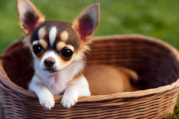 Wall Mural - cute chihuahua puppy in a wicker basket on the green grass in the park, generative AI