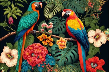 Wall Mural - Floral vibrant exotic background with tropical flowers and plants, red parrots. Floral background. AI