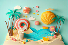 Abstract Paper Art Of Summer Seascape With Sea Water Splash And Beach Accessories On The Beach