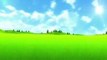 Cartoon Summer Landscape Panorama, Green Hills, Mountains, And Blue Sky Background.