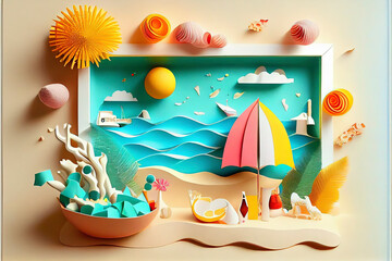 Wall Mural - Abstract paper art of summer seascape with sea water splash and beach accessories on the beach