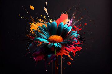 daisy flower in front of a colorful explosion of paint on a black