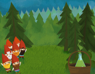 Wall Mural - cartoon scene with dwarfs in the forest illustration