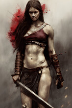 Ancient Female Warrior With A Sword, Dark And Red Oil On Canvas Style Generated By AI