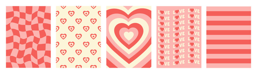 Poster - Groovy romantic set posters. Trendy backgrounds in retro style 60s, 70s. Happy Valentines day greeting card. Vector illustration