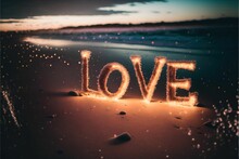 A Word LOVE With Lamplight Artwork On The Sand With Bokeh Background Generative AI Digital Stock Illustration