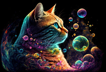 Wall Mural - cosmic cat reigning over the universe, fantasy colorful cat in space, cat thinking about its spiritu