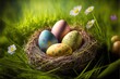 © Create image - Happy Easter - Nest with easter eggs in grass on a sunny spring day - Easter decoration background. Generative AI