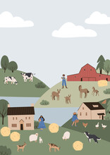 Printable Farm Life Scenery Poster, Farm Landscape Illustration, Farmhouse Background Clipart, Cottage Clip Art, Vector In Flat Style