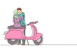 Single one line drawing back view Arabic couple on date outdoors, girlfriend and boyfriend with motorcycle, amorous relationship. Romantic road trip. Continuous line design graphic vector illustration