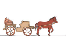 Single One Line Drawing Vintage Transportation, Horse Pulling Carriage. Old Carriage With A Horse, A Horse Pulls A Carriage Behind Him. Modern Continuous Line Draw Design Graphic Vector Illustration