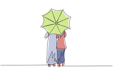 Poster - Single one line drawing back view young Arabian couple man woman, girl and boy walking holding umbrella under rain. Romantic couple at rainy autumn weather. Continuous line draw design graphic vector