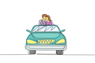 Wall Mural - Single one line drawing happy couple on road trip in vintage retro car. Man and woman in vehicle. Married couple romantic relationship. Modern continuous line draw design graphic vector illustration