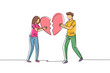 © Simple Line - Single one line drawing heartbroken couple parting, divorce. Sad young man and woman trying to put together parts of broken heart. Modern continuous line draw design graphic vector illustration