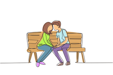 Wall Mural - Single one line drawing kissing couple. Young man and woman face to face sitting on park bench and funny kissing. Romantic couple dating in spring. Modern continuous line draw design graphic vector