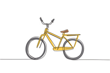 Wall Mural - Single one line drawing classic city bicycle, ecological sport transport. Relaxing bike for community. Healthy lifestyle by cycling. Modern continuous line draw design graphic vector illustration