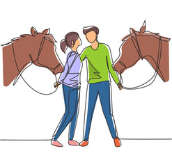 Poster - Single continuous line drawing romantic couple with horses. Young man and woman meet for dating with ride horse. Engagement and love relation. Dynamic one line draw graphic design vector illustration